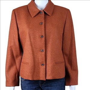 Lands End 100% Wool Tweed Burnt Orange Button Front Jacket Blazer